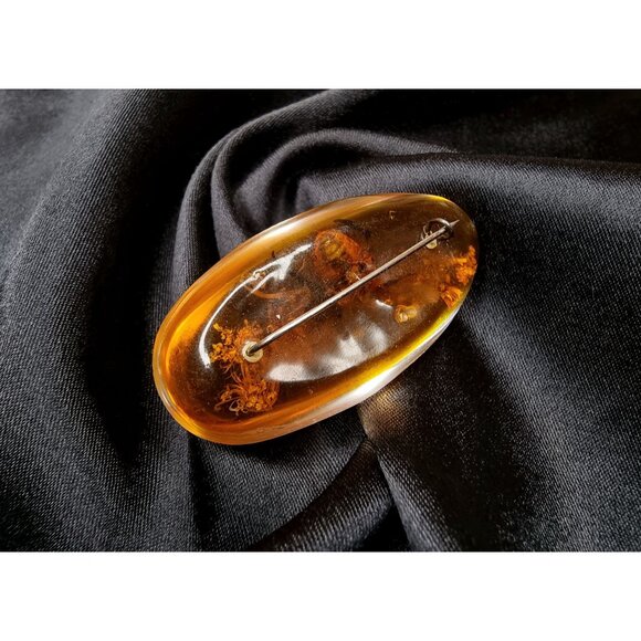 Vintage Amber Resin Brooch With Beetle & Floral Inclusion - Oval Shape Pin For C - Picture 5 of 5
